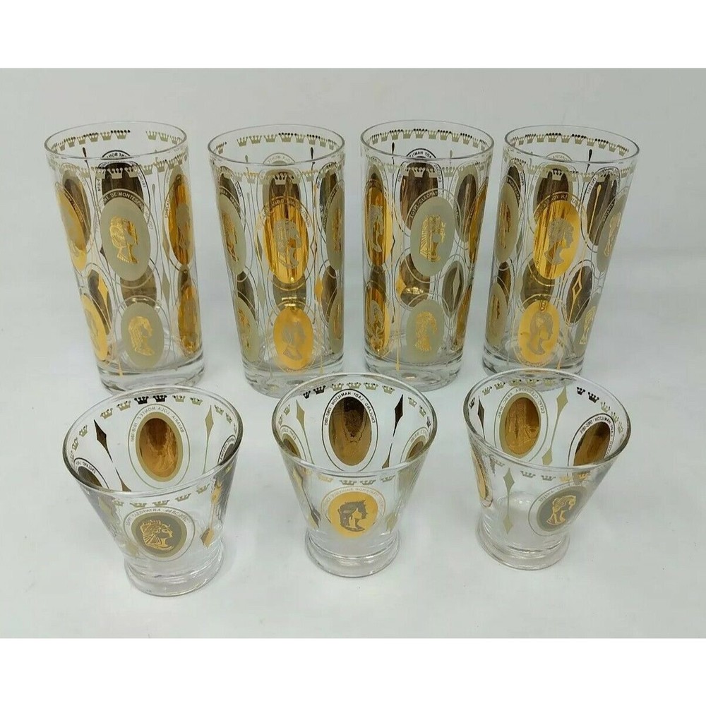 Gold Queen Women Portrait Highball Mid Century MCM Cosmopolitan Bar Glasses VTG